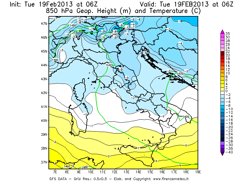Mappa di analisi GFS - Geopotenziale [m] e Temperatura [°C] a 850 hPa in Italia
							del 19/02/2013 06 <!--googleoff: index-->UTC<!--googleon: index-->