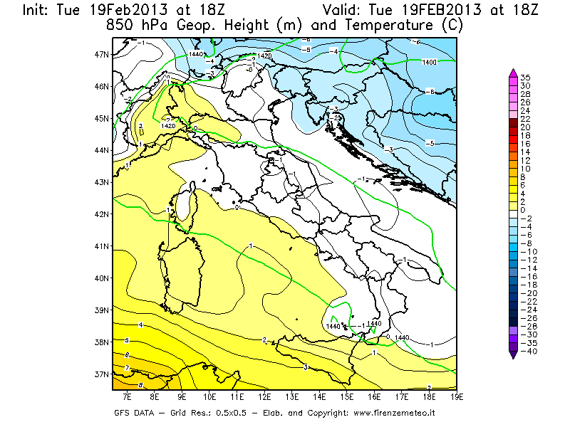 Mappa di analisi GFS - Geopotenziale [m] e Temperatura [°C] a 850 hPa in Italia
							del 19/02/2013 18 <!--googleoff: index-->UTC<!--googleon: index-->