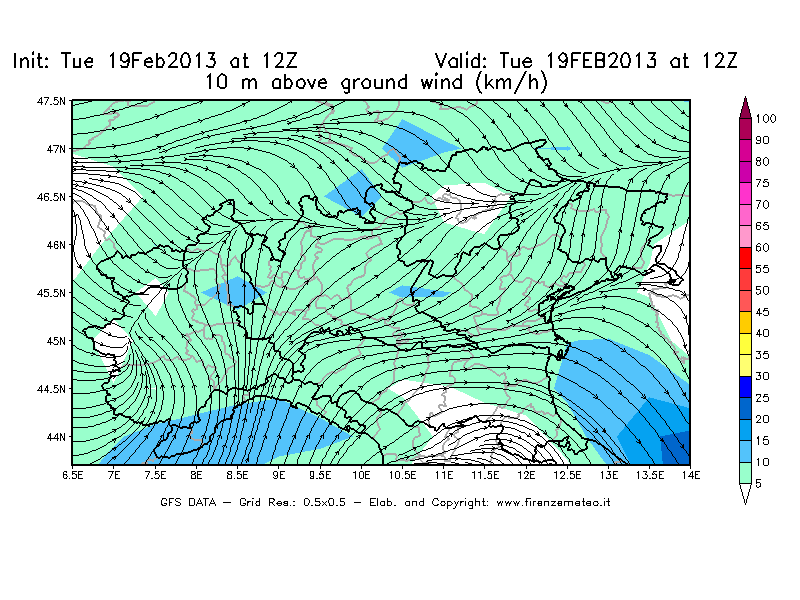 Mappa di analisi GFS - Velocità del vento a 10 metri dal suolo [km/h] in Nord-Italia
							del 19/02/2013 12 <!--googleoff: index-->UTC<!--googleon: index-->