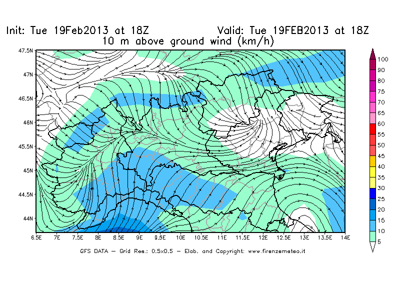 Mappa di analisi GFS - Velocità del vento a 10 metri dal suolo [km/h] in Nord-Italia
							del 19/02/2013 18 <!--googleoff: index-->UTC<!--googleon: index-->