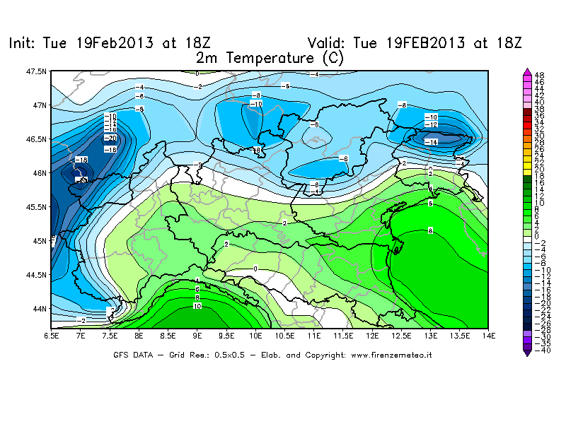 Mappa di analisi GFS - Temperatura a 2 metri dal suolo [°C] in Nord-Italia
							del 19/02/2013 18 <!--googleoff: index-->UTC<!--googleon: index-->