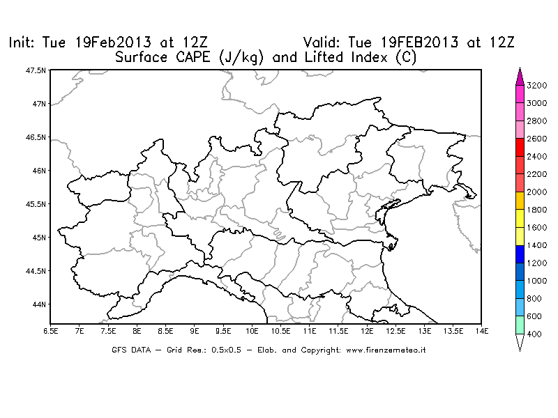 Mappa di analisi GFS - CAPE [J/kg] e Lifted Index [°C] in Nord-Italia
							del 19/02/2013 12 <!--googleoff: index-->UTC<!--googleon: index-->