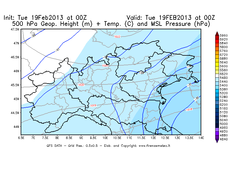 Mappa di analisi GFS - Geopotenziale [m] + Temp. [°C] a 500 hPa + Press. a livello del mare [hPa] in Nord-Italia
							del 19/02/2013 00 <!--googleoff: index-->UTC<!--googleon: index-->
