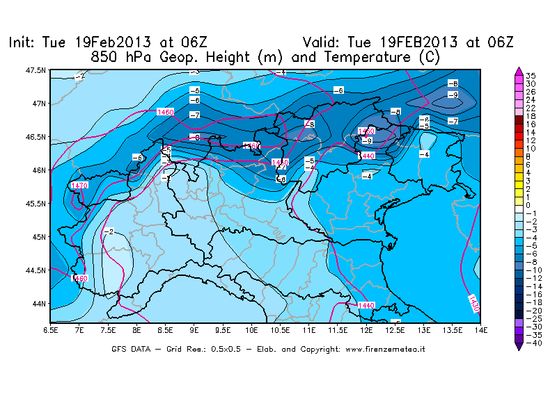 Mappa di analisi GFS - Geopotenziale [m] e Temperatura [°C] a 850 hPa in Nord-Italia
							del 19/02/2013 06 <!--googleoff: index-->UTC<!--googleon: index-->