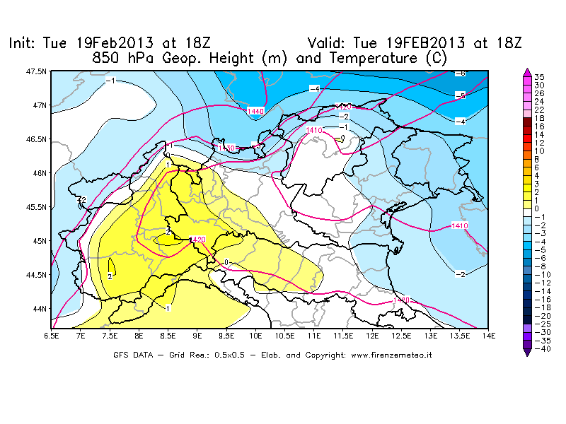 Mappa di analisi GFS - Geopotenziale [m] e Temperatura [°C] a 850 hPa in Nord-Italia
							del 19/02/2013 18 <!--googleoff: index-->UTC<!--googleon: index-->