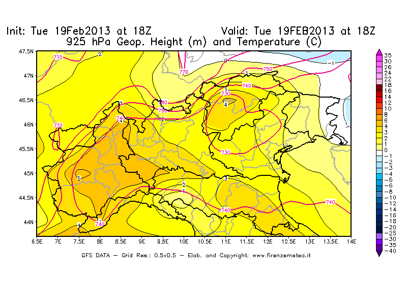 Mappa di analisi GFS - Geopotenziale [m] e Temperatura [°C] a 925 hPa in Nord-Italia
							del 19/02/2013 18 <!--googleoff: index-->UTC<!--googleon: index-->