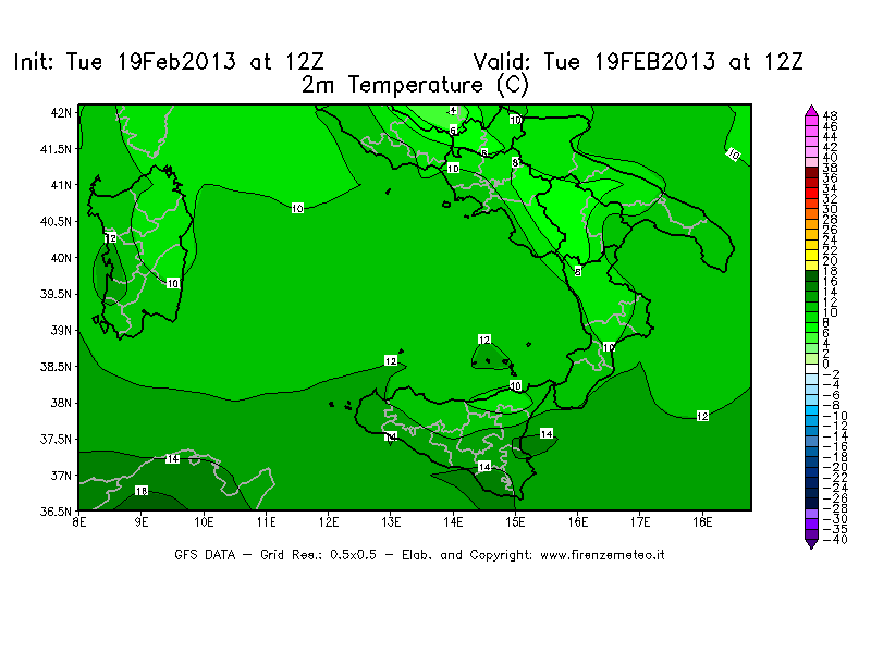 Mappa di analisi GFS - Temperatura a 2 metri dal suolo [°C] in Sud-Italia
							del 19/02/2013 12 <!--googleoff: index-->UTC<!--googleon: index-->