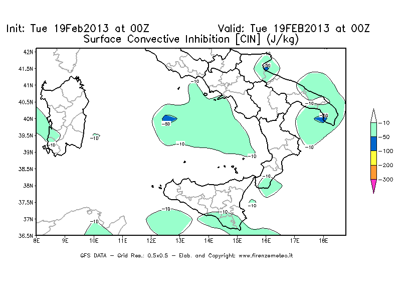 Mappa di analisi GFS - CIN [J/kg] in Sud-Italia
							del 19/02/2013 00 <!--googleoff: index-->UTC<!--googleon: index-->