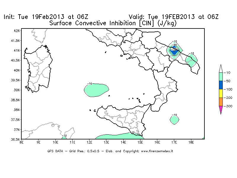Mappa di analisi GFS - CIN [J/kg] in Sud-Italia
							del 19/02/2013 06 <!--googleoff: index-->UTC<!--googleon: index-->