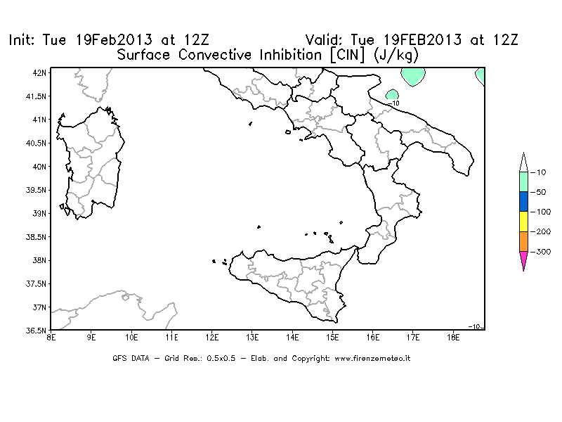 Mappa di analisi GFS - CIN [J/kg] in Sud-Italia
							del 19/02/2013 12 <!--googleoff: index-->UTC<!--googleon: index-->
