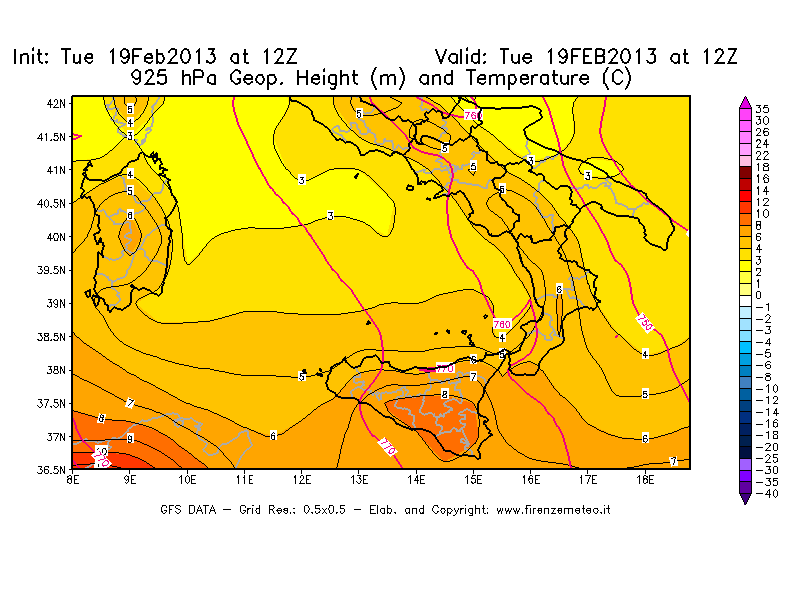 Mappa di analisi GFS - Geopotenziale [m] e Temperatura [°C] a 925 hPa in Sud-Italia
							del 19/02/2013 12 <!--googleoff: index-->UTC<!--googleon: index-->