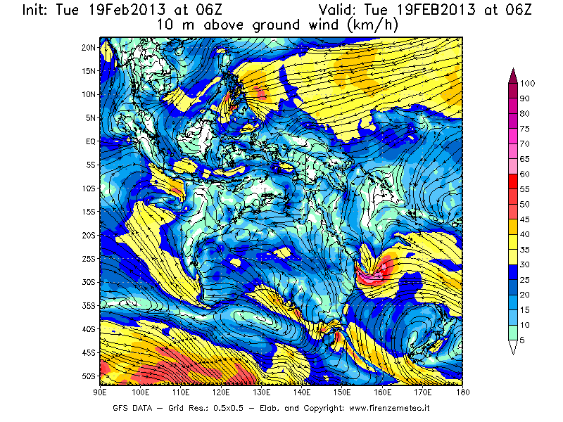 Mappa di analisi GFS - Velocità del vento a 10 metri dal suolo [km/h] in Oceania
							del 19/02/2013 06 <!--googleoff: index-->UTC<!--googleon: index-->