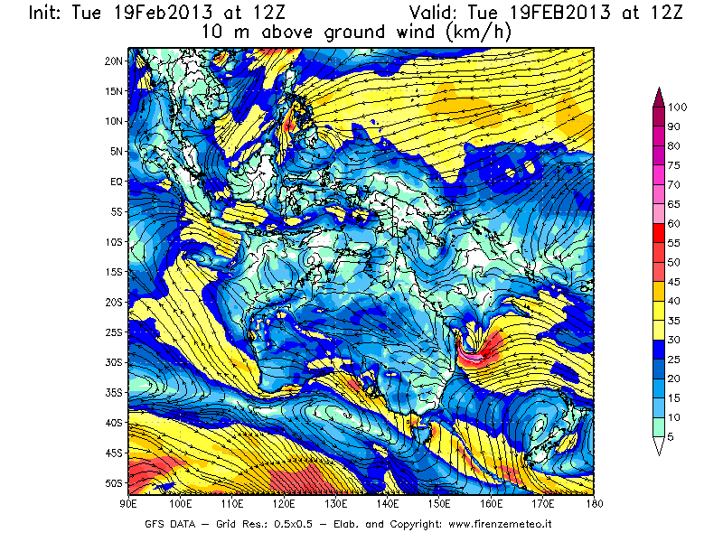 Mappa di analisi GFS - Velocità del vento a 10 metri dal suolo [km/h] in Oceania
							del 19/02/2013 12 <!--googleoff: index-->UTC<!--googleon: index-->