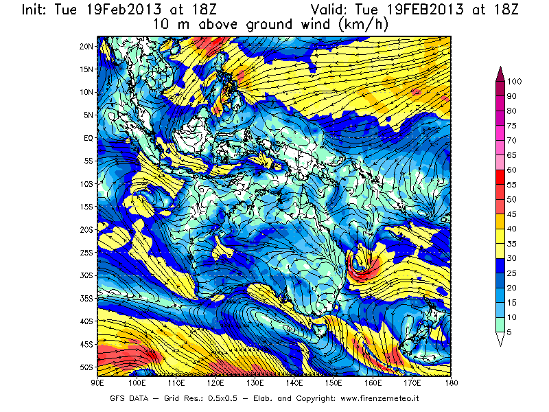 Mappa di analisi GFS - Velocità del vento a 10 metri dal suolo [km/h] in Oceania
							del 19/02/2013 18 <!--googleoff: index-->UTC<!--googleon: index-->