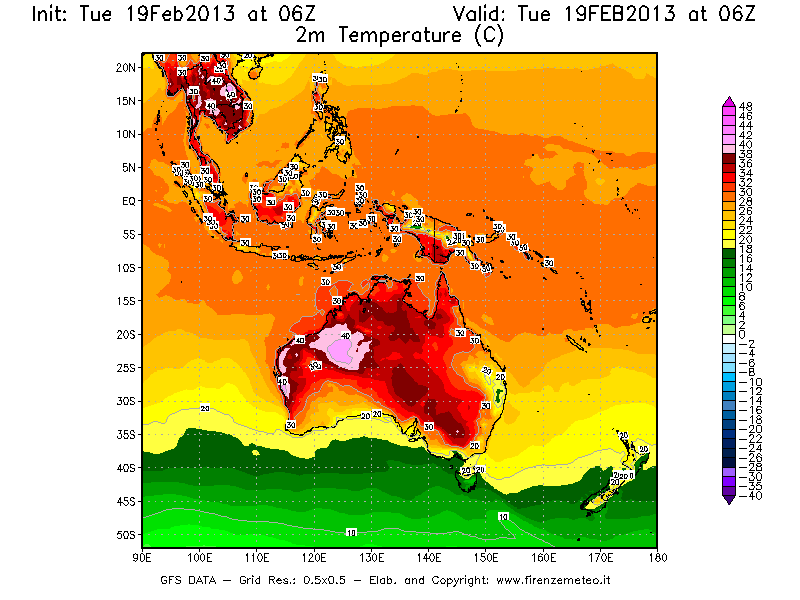 Mappa di analisi GFS - Temperatura a 2 metri dal suolo [°C] in Oceania
							del 19/02/2013 06 <!--googleoff: index-->UTC<!--googleon: index-->