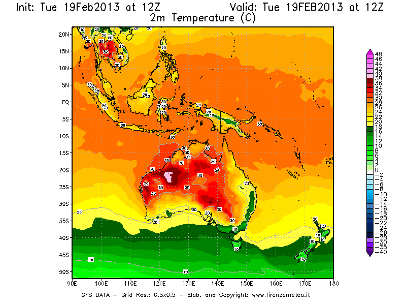 Mappa di analisi GFS - Temperatura a 2 metri dal suolo [°C] in Oceania
							del 19/02/2013 12 <!--googleoff: index-->UTC<!--googleon: index-->