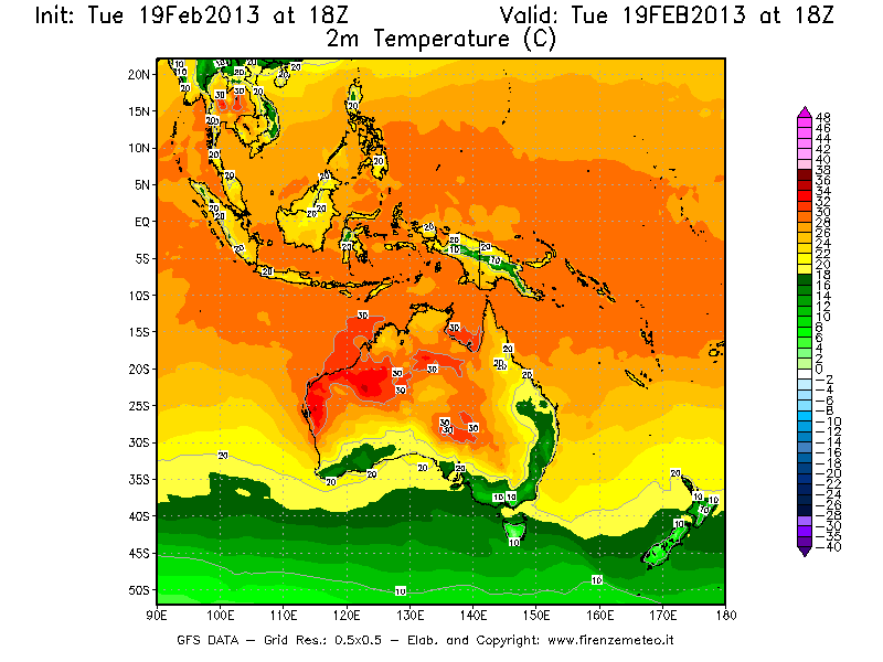 Mappa di analisi GFS - Temperatura a 2 metri dal suolo [°C] in Oceania
							del 19/02/2013 18 <!--googleoff: index-->UTC<!--googleon: index-->