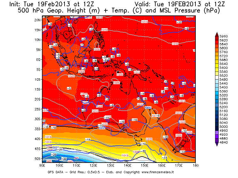 Mappa di analisi GFS - Geopotenziale [m] + Temp. [°C] a 500 hPa + Press. a livello del mare [hPa] in Oceania
							del 19/02/2013 12 <!--googleoff: index-->UTC<!--googleon: index-->