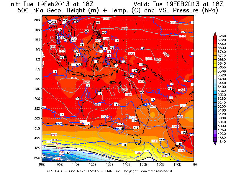 Mappa di analisi GFS - Geopotenziale [m] + Temp. [°C] a 500 hPa + Press. a livello del mare [hPa] in Oceania
							del 19/02/2013 18 <!--googleoff: index-->UTC<!--googleon: index-->