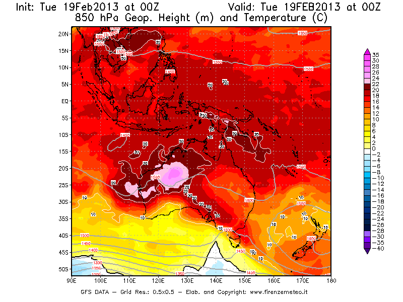 Mappa di analisi GFS - Geopotenziale [m] e Temperatura [°C] a 850 hPa in Oceania
							del 19/02/2013 00 <!--googleoff: index-->UTC<!--googleon: index-->