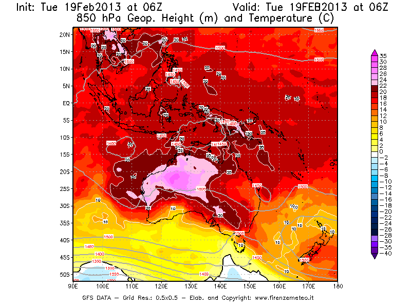 Mappa di analisi GFS - Geopotenziale [m] e Temperatura [°C] a 850 hPa in Oceania
							del 19/02/2013 06 <!--googleoff: index-->UTC<!--googleon: index-->