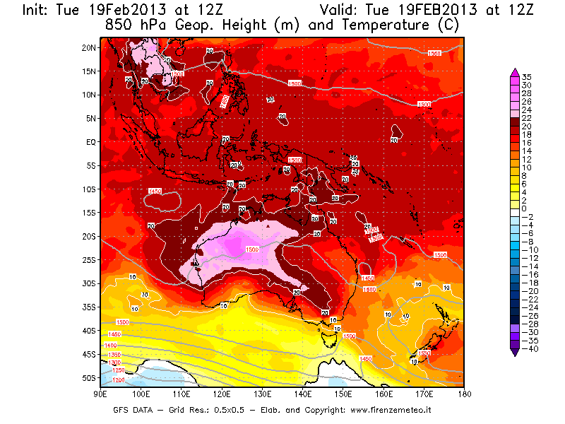 Mappa di analisi GFS - Geopotenziale [m] e Temperatura [°C] a 850 hPa in Oceania
							del 19/02/2013 12 <!--googleoff: index-->UTC<!--googleon: index-->