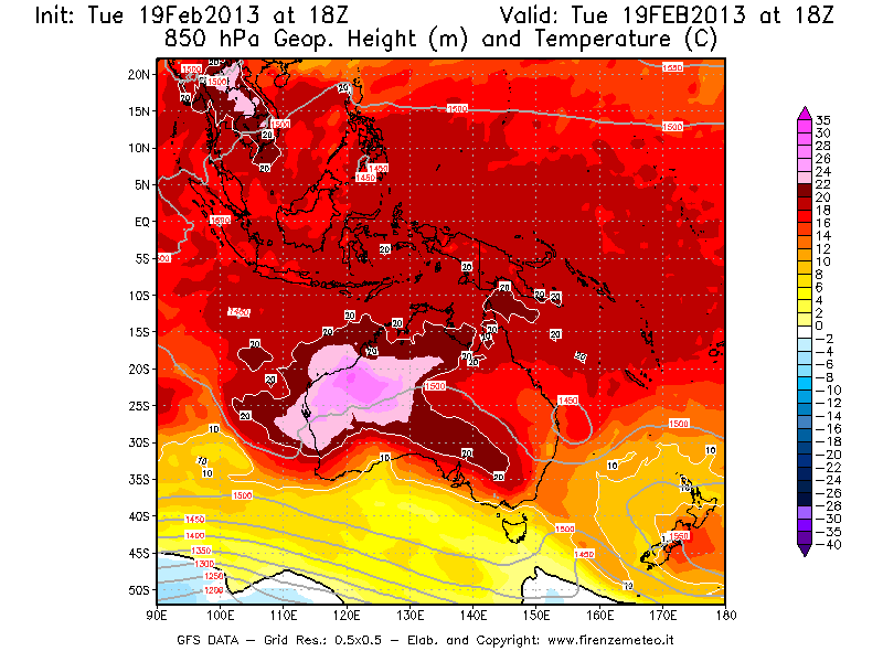 Mappa di analisi GFS - Geopotenziale [m] e Temperatura [°C] a 850 hPa in Oceania
							del 19/02/2013 18 <!--googleoff: index-->UTC<!--googleon: index-->