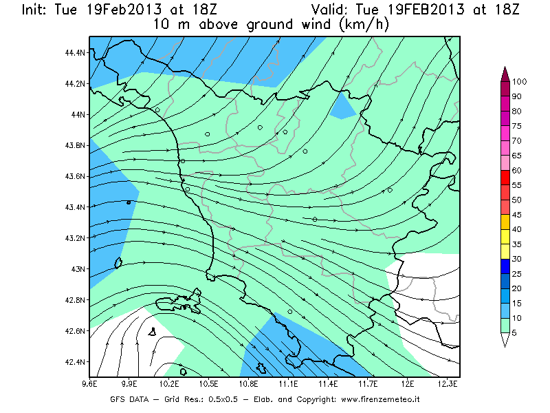 Mappa di analisi GFS - Velocità del vento a 10 metri dal suolo [km/h] in Toscana
							del 19/02/2013 18 <!--googleoff: index-->UTC<!--googleon: index-->