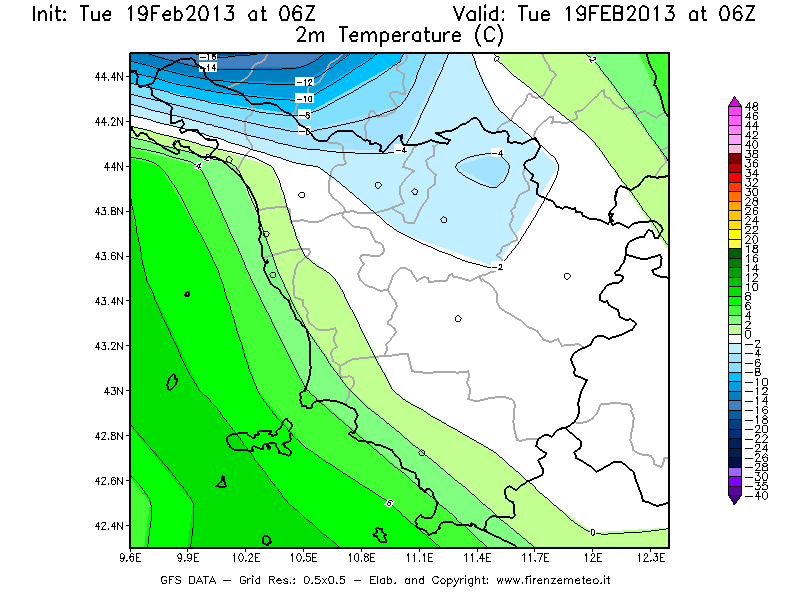 Mappa di analisi GFS - Temperatura a 2 metri dal suolo [°C] in Toscana
							del 19/02/2013 06 <!--googleoff: index-->UTC<!--googleon: index-->