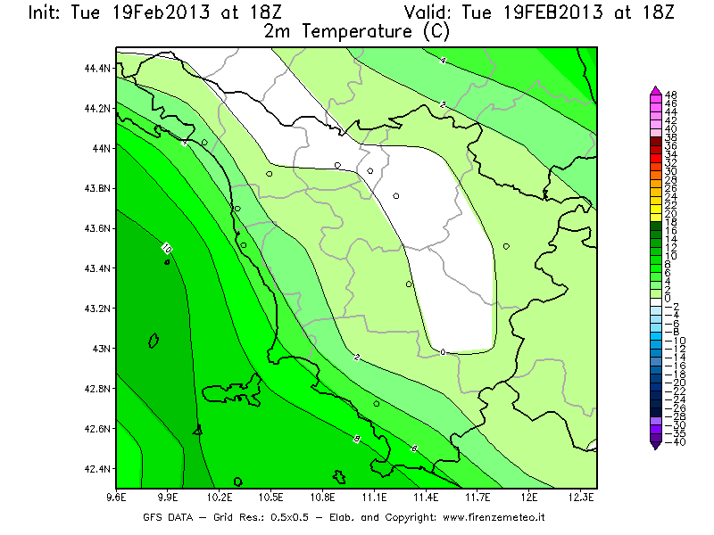 Mappa di analisi GFS - Temperatura a 2 metri dal suolo [°C] in Toscana
							del 19/02/2013 18 <!--googleoff: index-->UTC<!--googleon: index-->
