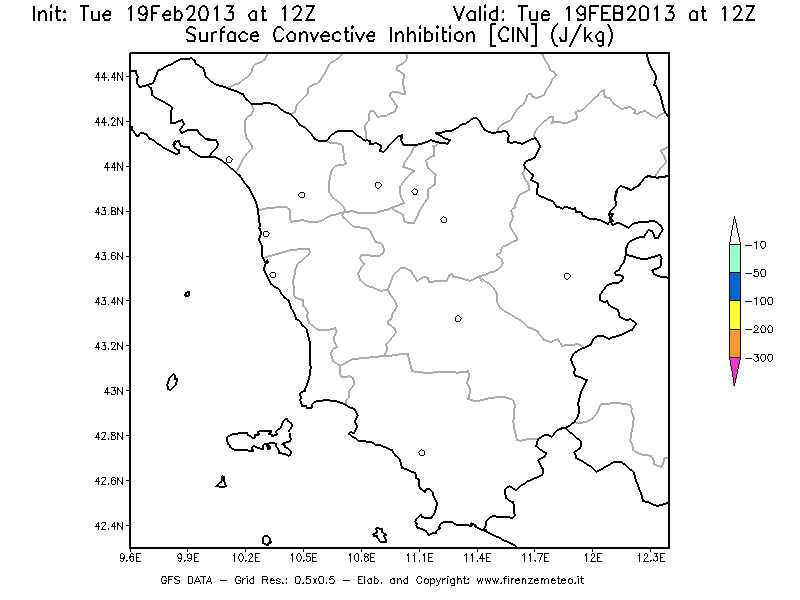 Mappa di analisi GFS - CIN [J/kg] in Toscana
							del 19/02/2013 12 <!--googleoff: index-->UTC<!--googleon: index-->