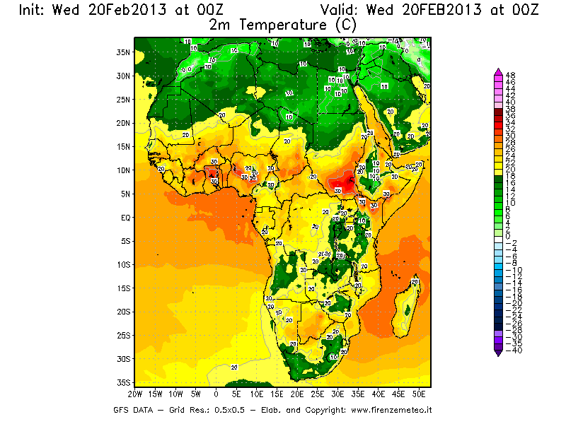 Mappa di analisi GFS - Temperatura a 2 metri dal suolo [°C] in Africa
									del 20/02/2013 00 <!--googleoff: index-->UTC<!--googleon: index-->