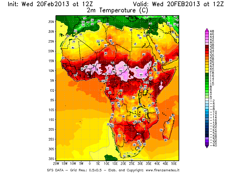Mappa di analisi GFS - Temperatura a 2 metri dal suolo [°C] in Africa
									del 20/02/2013 12 <!--googleoff: index-->UTC<!--googleon: index-->