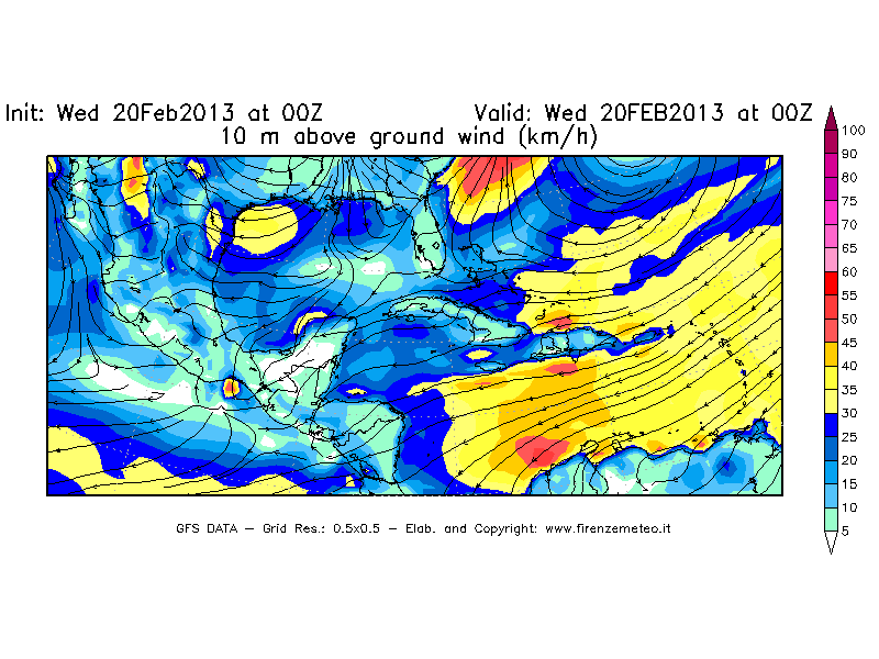 Mappa di analisi GFS - Velocità del vento a 10 metri dal suolo [km/h] in Centro-America
									del 20/02/2013 00 <!--googleoff: index-->UTC<!--googleon: index-->