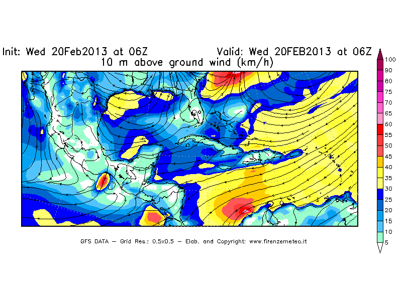 Mappa di analisi GFS - Velocità del vento a 10 metri dal suolo [km/h] in Centro-America
									del 20/02/2013 06 <!--googleoff: index-->UTC<!--googleon: index-->