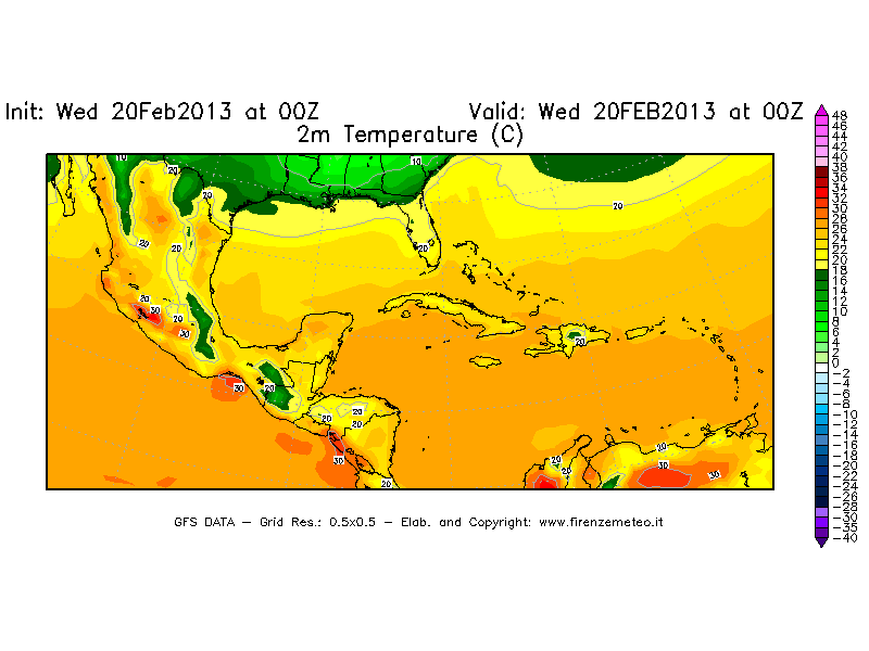 Mappa di analisi GFS - Temperatura a 2 metri dal suolo [°C] in Centro-America
									del 20/02/2013 00 <!--googleoff: index-->UTC<!--googleon: index-->