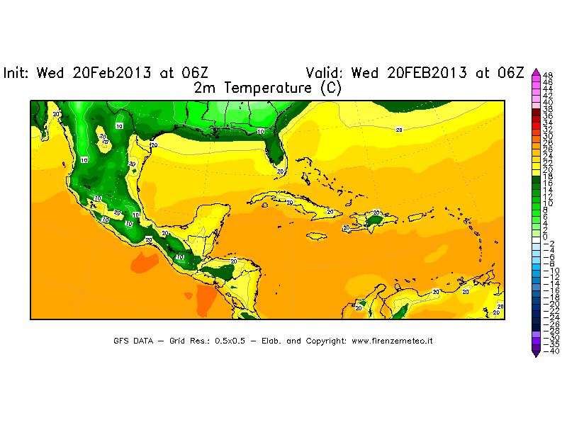 Mappa di analisi GFS - Temperatura a 2 metri dal suolo [°C] in Centro-America
									del 20/02/2013 06 <!--googleoff: index-->UTC<!--googleon: index-->