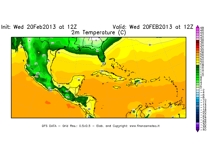 Mappa di analisi GFS - Temperatura a 2 metri dal suolo [°C] in Centro-America
									del 20/02/2013 12 <!--googleoff: index-->UTC<!--googleon: index-->