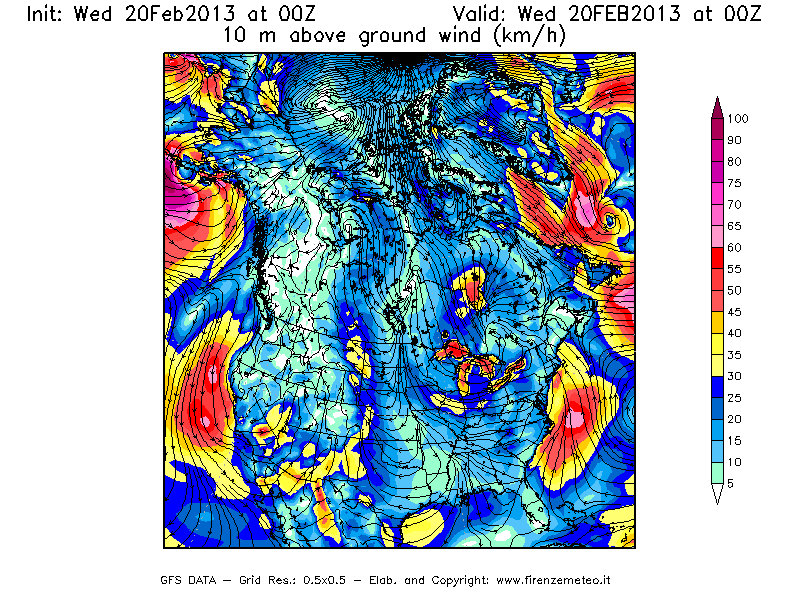 Mappa di analisi GFS - Velocità del vento a 10 metri dal suolo [km/h] in Nord-America
									del 20/02/2013 00 <!--googleoff: index-->UTC<!--googleon: index-->