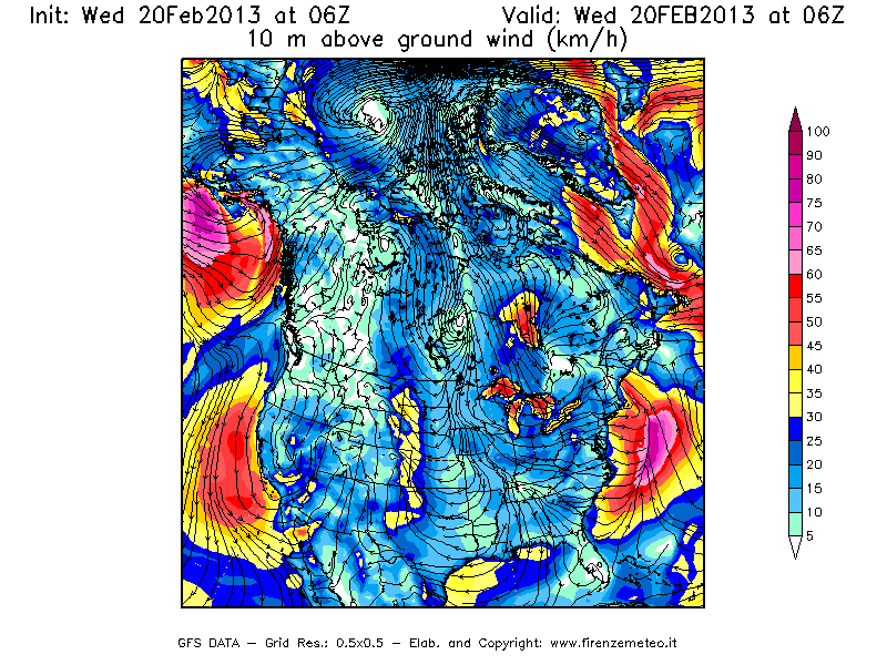 Mappa di analisi GFS - Velocità del vento a 10 metri dal suolo [km/h] in Nord-America
									del 20/02/2013 06 <!--googleoff: index-->UTC<!--googleon: index-->