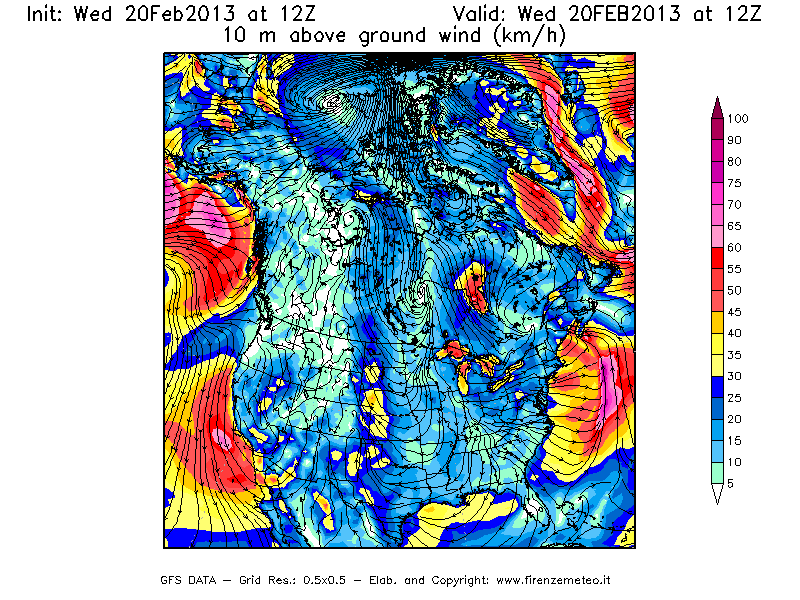 Mappa di analisi GFS - Velocità del vento a 10 metri dal suolo [km/h] in Nord-America
									del 20/02/2013 12 <!--googleoff: index-->UTC<!--googleon: index-->