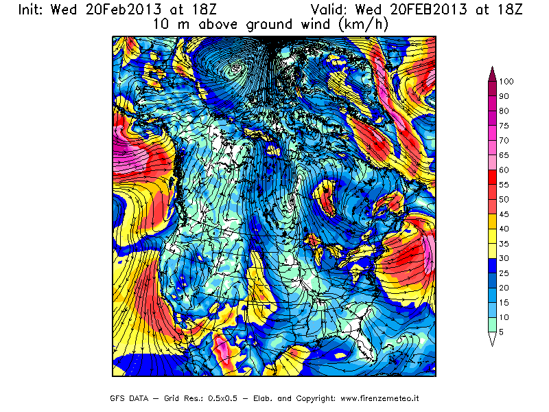 Mappa di analisi GFS - Velocità del vento a 10 metri dal suolo [km/h] in Nord-America
									del 20/02/2013 18 <!--googleoff: index-->UTC<!--googleon: index-->