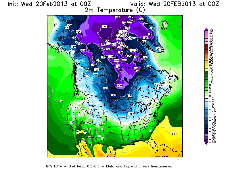 Mappa di analisi GFS - Temperatura a 2 metri dal suolo [°C] in Nord-America
									del 20/02/2013 00 <!--googleoff: index-->UTC<!--googleon: index-->