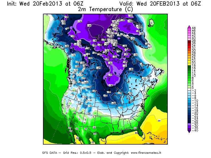 Mappa di analisi GFS - Temperatura a 2 metri dal suolo [°C] in Nord-America
									del 20/02/2013 06 <!--googleoff: index-->UTC<!--googleon: index-->