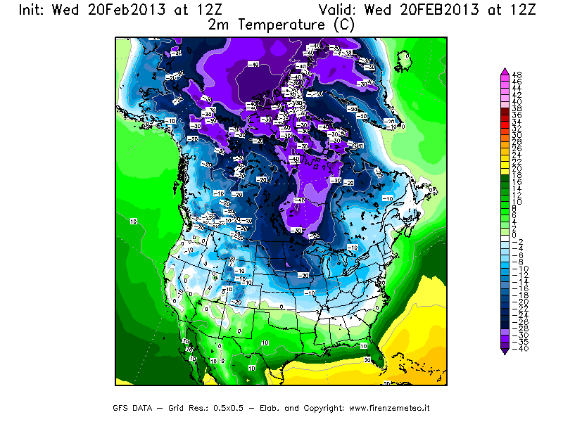 Mappa di analisi GFS - Temperatura a 2 metri dal suolo [°C] in Nord-America
									del 20/02/2013 12 <!--googleoff: index-->UTC<!--googleon: index-->