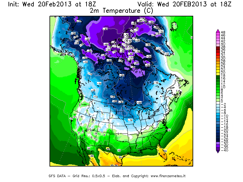 Mappa di analisi GFS - Temperatura a 2 metri dal suolo [°C] in Nord-America
									del 20/02/2013 18 <!--googleoff: index-->UTC<!--googleon: index-->