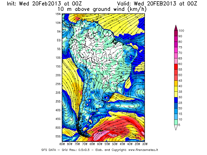 Mappa di analisi GFS - Velocità del vento a 10 metri dal suolo [km/h] in Sud-America
									del 20/02/2013 00 <!--googleoff: index-->UTC<!--googleon: index-->