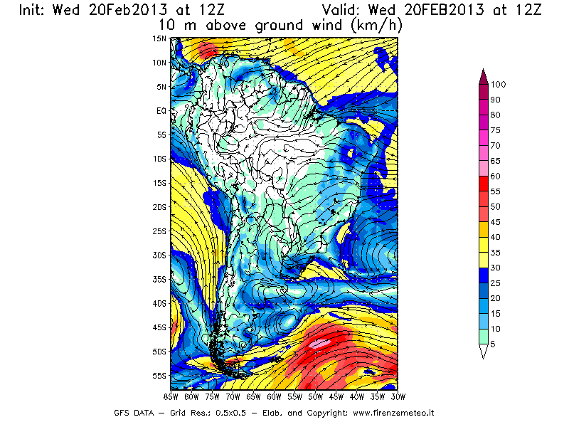 Mappa di analisi GFS - Velocità del vento a 10 metri dal suolo [km/h] in Sud-America
									del 20/02/2013 12 <!--googleoff: index-->UTC<!--googleon: index-->