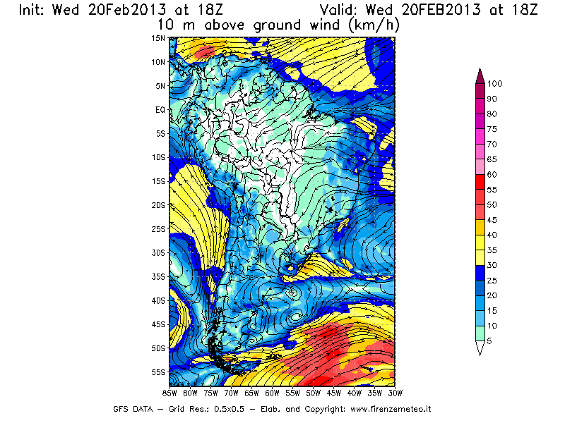 Mappa di analisi GFS - Velocità del vento a 10 metri dal suolo [km/h] in Sud-America
									del 20/02/2013 18 <!--googleoff: index-->UTC<!--googleon: index-->