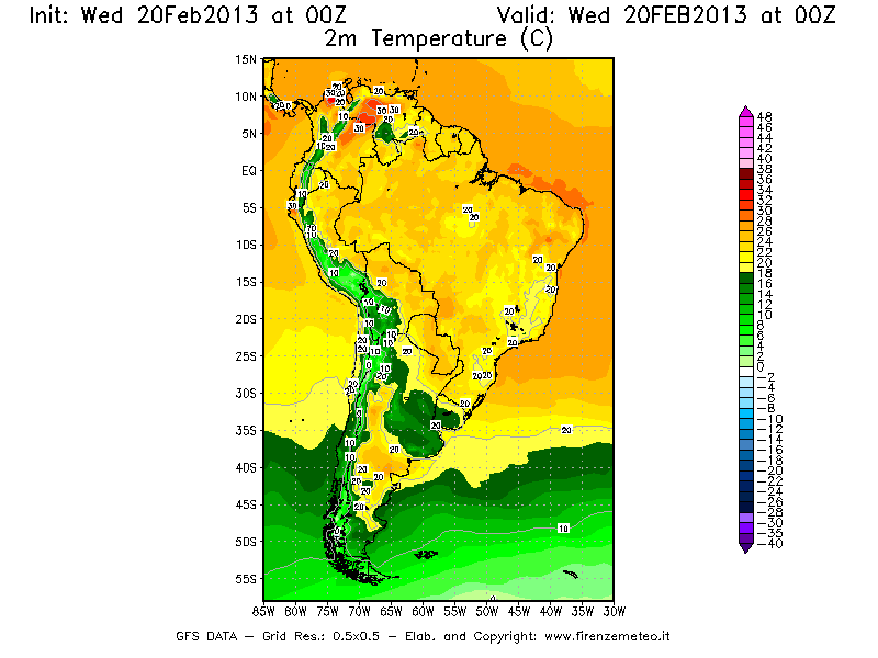Mappa di analisi GFS - Temperatura a 2 metri dal suolo [°C] in Sud-America
									del 20/02/2013 00 <!--googleoff: index-->UTC<!--googleon: index-->